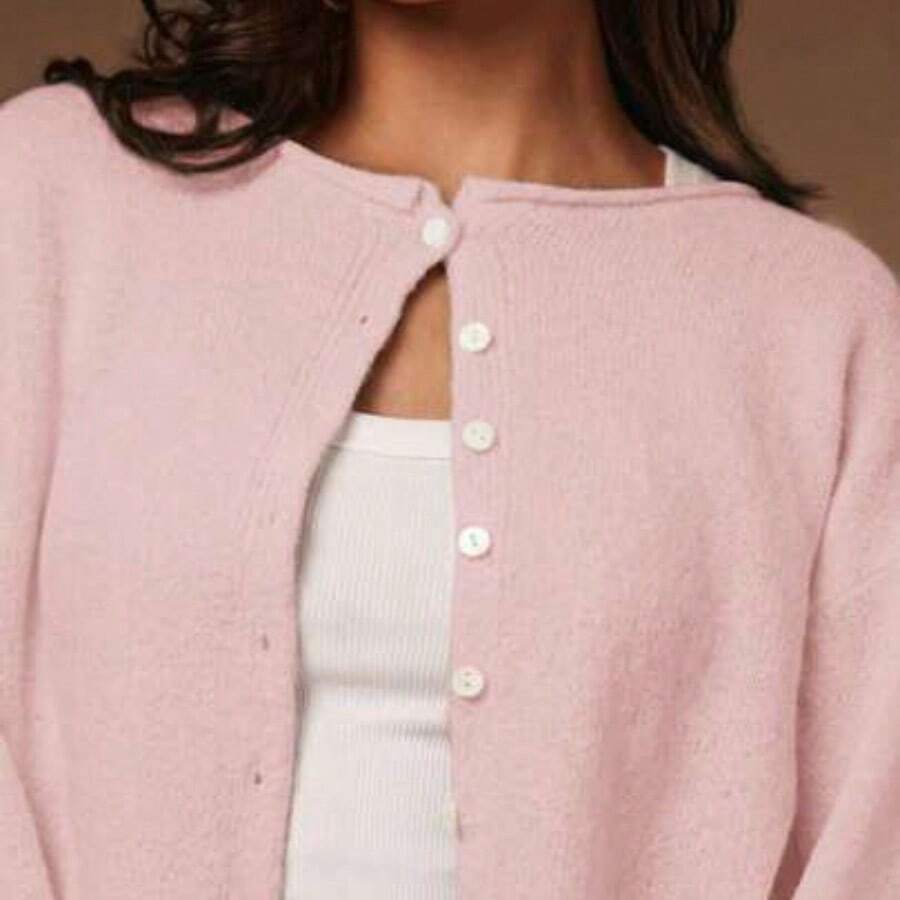 Women's Sapphire Blue Knit Cardigan, Soft Yarn Relaxed Straight Fit Classic Round Neck Drop Shoulder Long Sleeve Minimalist Chic Cardigan For Layering In Spring And Autumn,Bright Blue Knit Button Cardigan,Winter,New Year, Autumn/Winter, Blue Cardigan - Rosa Pálido - Ver 1