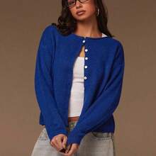 Women's Sapphire Blue Knit Cardigan, Soft Yarn Relaxed Straight Fit Classic Round Neck Drop Shoulder Long Sleeve Minimalist Chic Cardigan For Layering In Spring And Autumn,Bright Blue Knit Button Cardigan,Winter,New Year, Autumn/Winter, Blue Cardigan - Amarillo claro - Ver 6