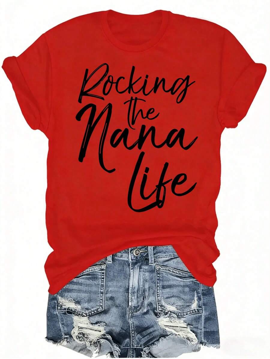 [Regalo para el Día de la Madre, Rocking The Nana Life] Camiseta Suave y Cómoda para Mujer - Rocking The Nana Life, Camiseta Casual de Manga Corta con Cuello Redondo, con Estampado de Letras Blancas, Regalo Perfecto para el Día de la Madre para la Abuela, Ropa Casual de Primavera - Rojo - Ver 1