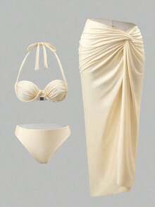 Bonvoyette Conjunto de bikini y pareo de unicolor con escote halter y nudo sexy para mujer - Beis - Ver 2