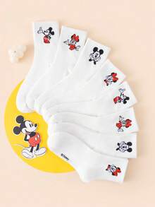 Disney 1/4/8 双装男女通用中筒袜 - 迪士尼米奇和米妮卡通可爱手捂脸图案简约白色设计 - 适合日常休闲穿着，四季皆宜 - 彩色 - 查看 15