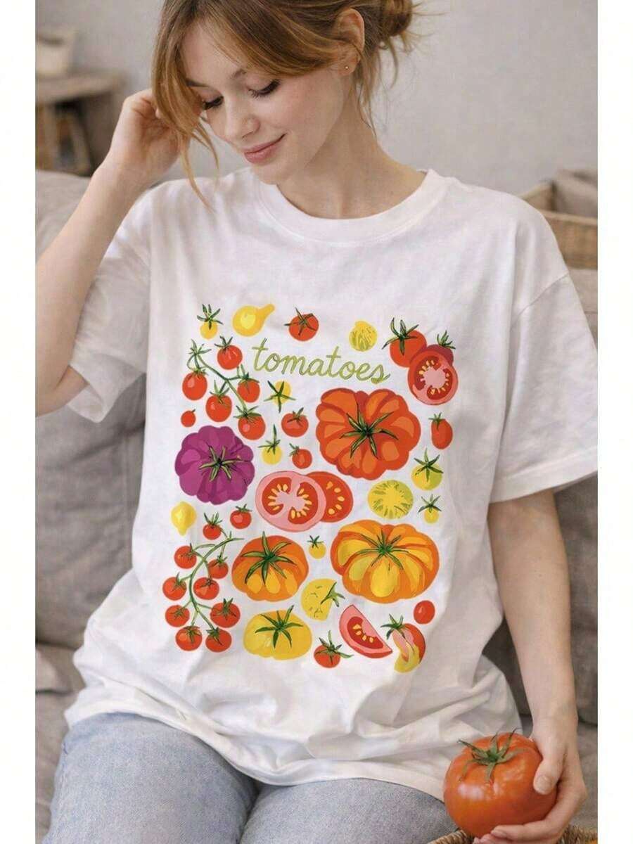 Camiseta casual holgada para mujer con un diseño divertido, con patrones de tomates multicolores y el eslogan "tomate".Suitable for spring, summer and autumnmaija - Blanco - Ver 1