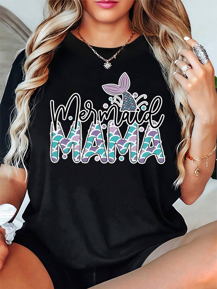 Women's Soft One-Piece Mermaid Ocean Theme T-Shirt - 180g Casual Short Sleeve Crew Neck T-Shirt With Black And White "Mermaid Mother" Print And Fantastic Mermaid Tail Design, Geometric Scale Pattern, Machine Washable, Perfect Mother's Day Gift, Comfortable For Everyday Summer Wear, Opaque Fabric, Comfortable Fit, Fashionable T-Shirt. - 黑色 - 查看 1