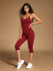 VVX Jumpsuit Capri Yoga Wanita, Leher Bulat, Tali Bahu Tipis, Tanpa Punggung, Pengontrol Perut, Pengangkat Bokong, Celana Pendek Olahraga Gym, Romper Tanpa Jahitan Bergaris - Merah - View 5