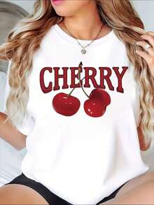 1 Fashionable Casual T-Shirt For Men And Women With Cherry Print, Casual Short Sleeve T-Shirt For Women, Summer Clothes With Fruit Design, It Is A Perfect T-Shirt To Give To Friends And Family On Any Holiday Or Special Occasion, Versatile, Easy To Match, Suitable For Daily Wear, Urban Style, Holiday Clothes, Weekend Clothes. - 白色 - 查看 8
