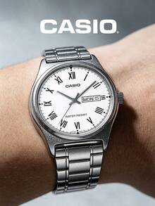 Casio 男士优雅仿石英正装腕表，白色表盘，黑色罗马数字时标，银色不锈钢表链，红色太阳日期显示窗，经典简约商务礼品 - 銀色 - 查看 4