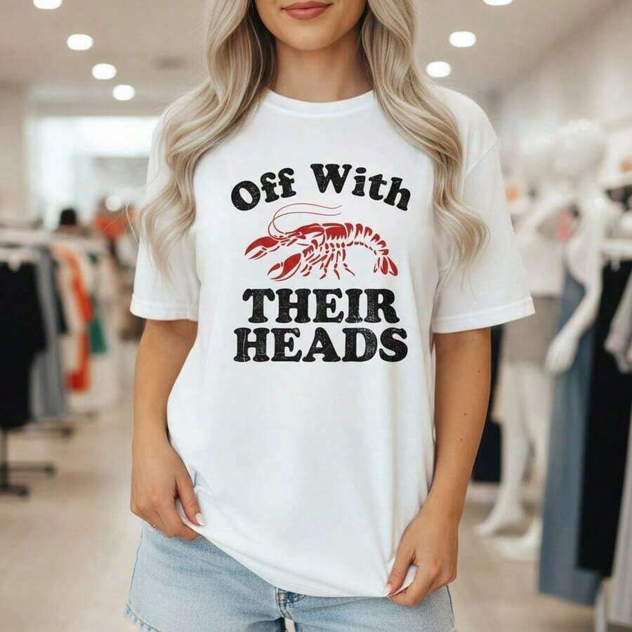 Women's Vintage Cotton Graphic T-Shirt - "Off With Their Heads" Lobster Print, Short Sleeve, Round Neck, Loose Fit, Various Sizes, Summer Fashion, Funny Food Saying T-Shirt For Daily Wear, Vacation, Beach, Party, Gift Idea. - 白色 - 查看 1