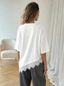 Camiseta casual de mujer con dobladillo asimétrico de encaje de unicolor, uso básico diario, blusa casual de primavera/verano para vacaciones de mujer, vacaciones de verano para mujer, primavera para mujer, vacaciones de primavera, top para ir a la playa - Blanco - Ver 2