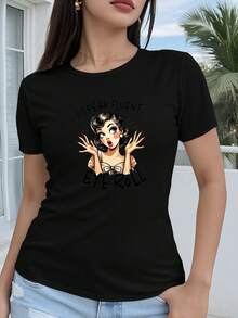 Camiseta de mujer, estilo regular de manga corta - estampado de  de chica retro con dibujo geométrico 2D, animada y divertida, camiseta casual de manga corta con cuello redondo, adecuada para todas las estaciones, disponible en varios colores y tallas, moda de vacaciones, estética retro, material transpirable, estampado divertido. - Negro - Ver 6