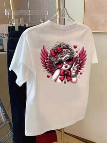 Camisetas de talla grande para mujer, camisetas casuales de manga corta, camisetas de manga corta con estampado en la parte delantera y trasera - Angel Girl, estampado de alas de corazón - Camisetas estampadas de primavera y verano para mujer, artículo de moda, transpirable y cómoda. - Blanco - Ver 3