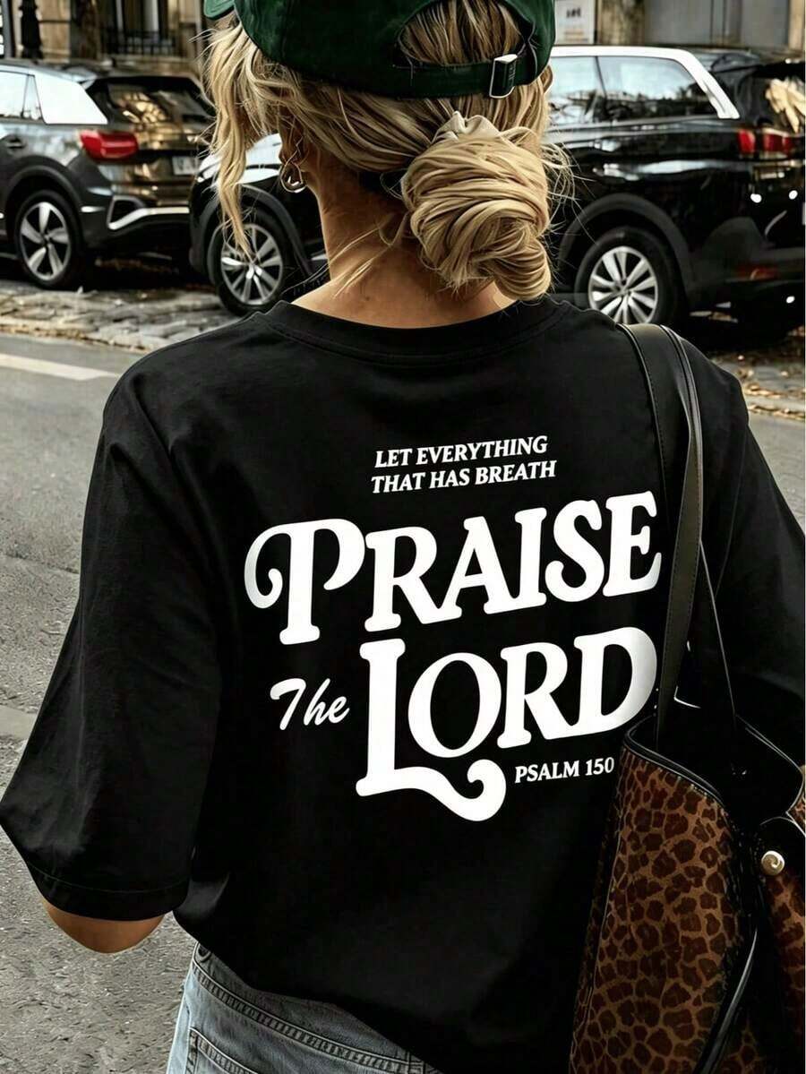 [Free Shipping] Women's Short Sleeve T-Shirt, Casual Summer Style, Simple Letter Print, Round Neck, Multifunctional, Camel Color, Ideal For Everyday Wear And Vacations. Casual Graphic T-Shirts For Women - 黑色 - 查看 1