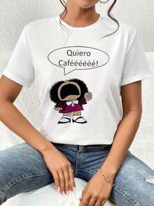 Minimalist Women's Casual White T-Shirt With A Fun Cartoon Print, Comfortable Crew Neck T-Shirt For Coffee Lovers, Unique Graphic Design, Perfect For Everyday Wear, Soft And Breathable Fabric. Simple Solid Color Women's T-Shirt, Loose And Fitted Cut, Casual Short Sleeve - 白色的 - 查看 1