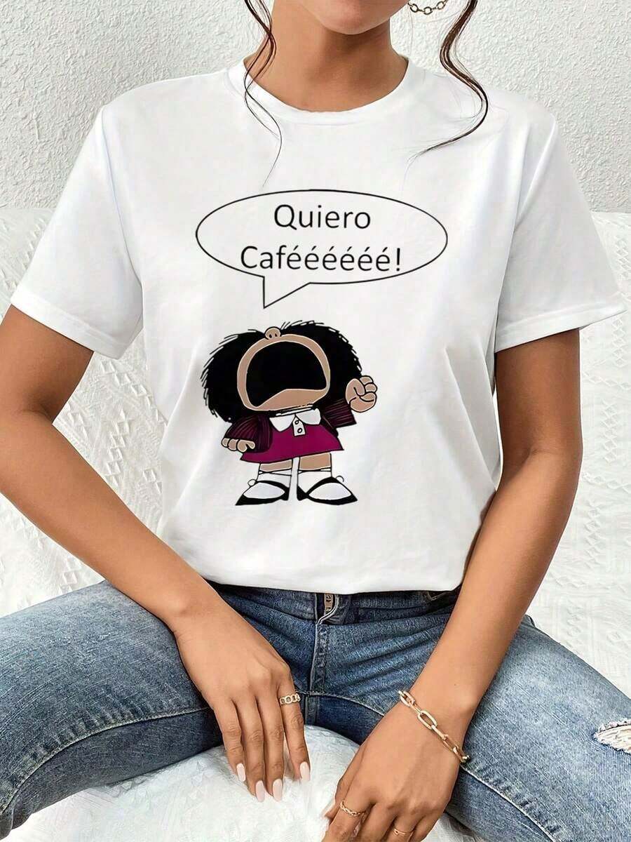 Minimalist Women's Casual White T-Shirt With A Fun Cartoon Print, Comfortable Crew Neck T-Shirt For Coffee Lovers, Unique Graphic Design, Perfect For Everyday Wear, Soft And Breathable Fabric. Simple Solid Color Women's T-Shirt, Loose And Fitted Cut, Casual Short Sleeve - 白色的 - 查看 1