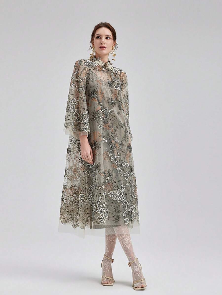 Rich Radi Q's 优雅女士立领系带连衣裙，饰以撞色蕾丝和3D玫瑰，复古风格长裙，展现时尚魅力