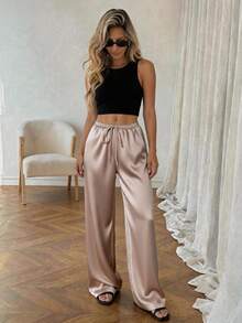 1pc Solid Color Drawstring Pocket Satin Pants, Comfortable For Home Wear, All Season Spring - Khaki - View 2
