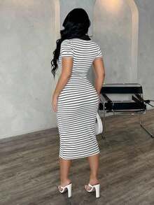 Vestido polo de manga corta a rayas blanco y negro de estilo minimalista y casual para ir al trabajo, vestido de punto de media longitud con ajuste ceñido y gran elasticidad, vestido elegante francés - Negro 2 - Ver 4