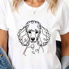 Women's Vintage T-Shirt With Poodle Print, Simple Line Design, Casual And Fashionable Style, Round Neck - 白色 - 查看 7