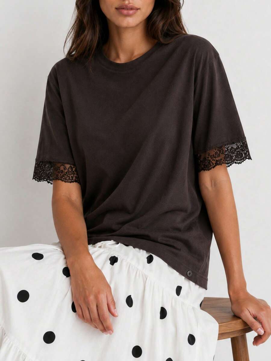 RoseArya %100 Cotton Lare Trim Cuff Short Sleeve T-Shirt - Brown - View 1