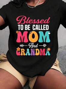 Camiseta de manga corta para mujer con estampado de flores y texto colorido "Blessed To Be Called Mom And Grandma", cuello redondo, para verano. - Negro - Ver 6