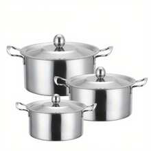 3-Piece Stainless Steel Cookware Set, Double Handle Stainless Steel Cookware Set With Lids, Induction Hob Compatible, Kitchen Utensils, Stainless Steel Pot - View 4