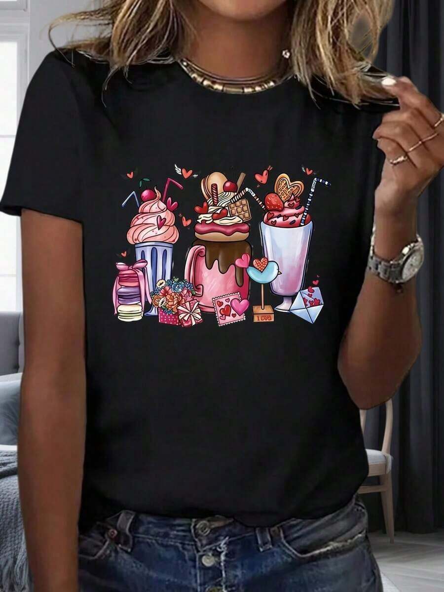 Women's Candy And Love Theme Graphic T-Shirt, Casual Summer Fashion With Dessert Design, Party And Vacation Clothes 220m Women's Heat Pack - 黑色 - 查看 1
