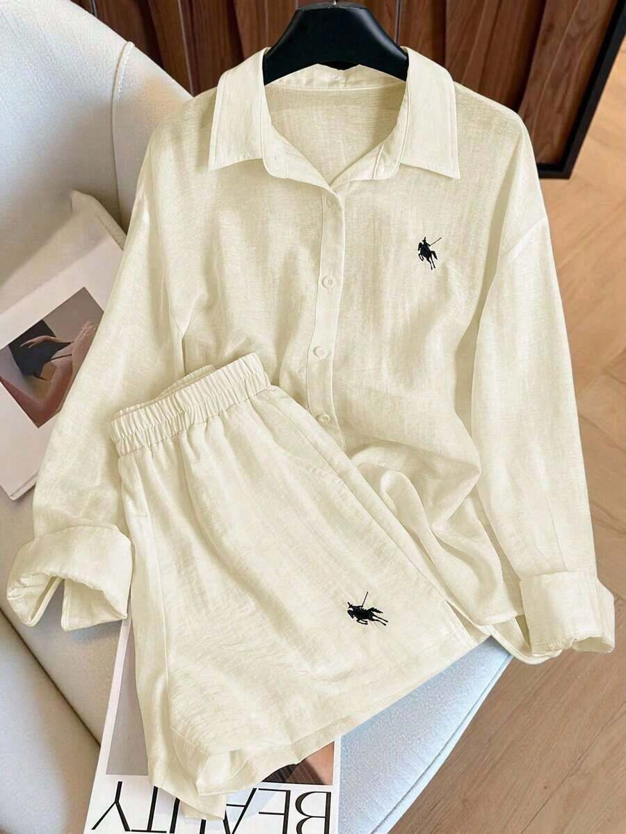 Conjunto de camisa de manga larga a rayas de un solo pecho y pantalones cortos versátiles de estilo vintage casual - Albaricoque - Ver 1