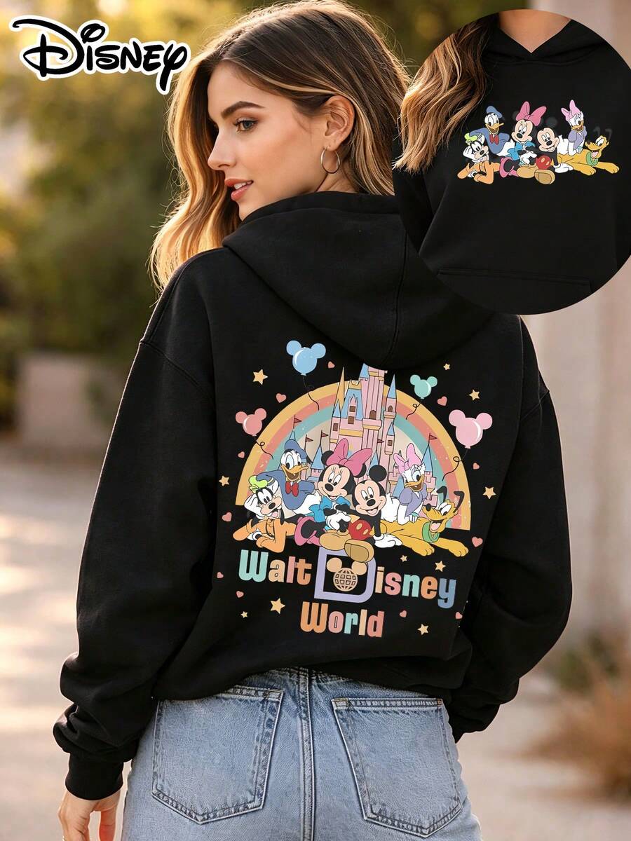 Disney Official Authorization | Women's Hoodie With Double-Sided Disney World Themed Prints Of Mickey Mouse, Minnie Mouse, Donald Duck, Daisy Duck, Goofy And Pluto. Designed In A Loose Oversize Fit, It Is Perfect For Daily Casual Wear, Outings And Shopping, And Also An Ideal Gift Choice. - 黑色 - 查看 1
