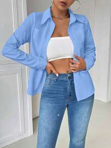 Blusa blanca casual con cuello y bolsillo, de manga larga ajustada para mujeres - Azul 2 - Ver 5