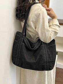 1 buah Tas Tote Kanvas Biru Berkualitas Tinggi, Tas Kapasitas Besar untuk Perjalanan/Kerja/Belanja, Tas Bahu Minimalis Serbaguna untuk Wanita - Hitam - View 6