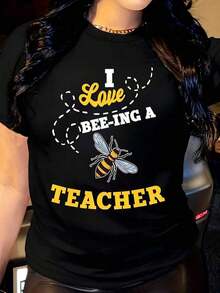 Camiseta de Mujer Bee Love Teacher, Camiseta Casual de Manga Corta, Camiseta para Uso Diario al Aire Libre, Adecuada para Cualquier Ocasión, Perfecta como Regalo de Cumpleaños, para Usar en Todas las Temporadas - Negro - Ver 1