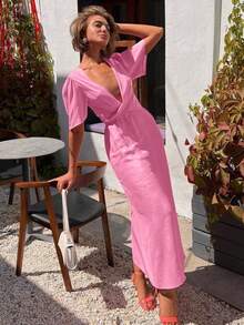 Vestido liso escote V profundo con lazos cruzados, manga corta, estilo sensual largo - Rosa - Ver 10