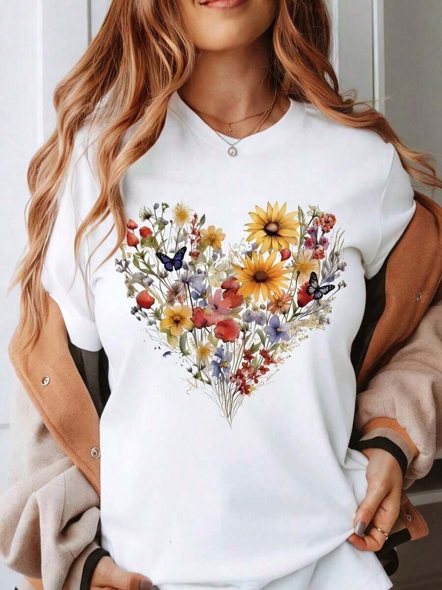 Camiseta con Diseño de Corazón Floral para Mujer, Top Casual de Verano con Estampado de Mariposas y Flores Silvestres, Suave y Cómoda, Cuello Redondo - Blanco - Ver 1