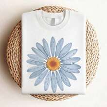 Camisa Casual con Estampado de Margaritas para Mujer |   Camiseta de verano de manga corta, cuello redondo, ligera y transpirable, diseño azul brillante y blanco, imprescindible para primavera y verano, camisa con estampado floral. - Blanco - Ver 4