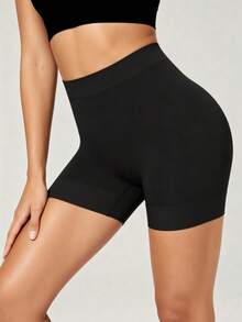 Runway Rest Solid Color Wide Waistband Cycling Shorts, Seamless Smooth Boyshort Panties, Suitable For Pairing With Skirts And Shorts - Black - View 3