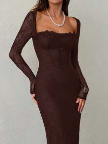 Vestido negro ajustado hasta el suelo con cuello corsé ahuecado y mangas largas con encaje en forma de S sexy para mujer para fiestas, citas y banquetes de otoño/invierno nuevo - Marrón Chocolate - Ver 2