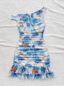 Vestido mini ajustado con volantes asimétricos en el hombro y estampado de teñido anudado romántico.Versátil para fiestas, citas, té de la tarde, playa, boda, temporada de graduación - Multicolor 2 - Ver 7
