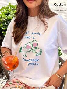 Playera Blanca Mujer con Estampado de Dibujo y Texto, Estilo Veraniego - Blanco - Ver 1