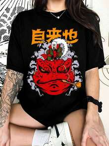Oversized Black T-Shirt With Jiraiya N-NarutoS "Toad Sage And Gamabunta" Design, For Shonen Fans - Black - View 6