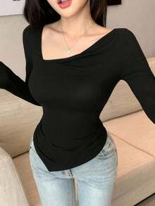 Camiseta de mujer de manga larga con diseño asimétrico y ajuste ceñido, ropa de otoño con estilo preppy - Negro 5 - Ver 5