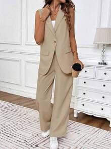 Traje de negocios informal para mujer con chaleco de unicolor y pantalón largo de verano - Caqui - Ver 3
