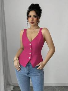 Camiseta sin mangas de un solo pecho de unicolor casual para mujer - Rosa Fucsia - Ver 5