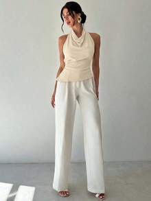 Camisa elegante de oficina para mujer, blusa asimétrica sin mangas con cuello halter y espalda descubierta, con botones decorativos ajustables, negra y entallada, para uso en la oficina.Ropa de primavera/verano, elegante y sexy. - Albaricoque - Ver 8