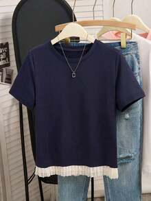 1 pieza Camiseta de moda para mujer con flecos, seda de leche de 180g - Azul marino - Ver 6