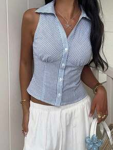 Camisa informal sin mangas con botones delanteros, de tejido negro, para verano - Azul y blanco - Ver 6