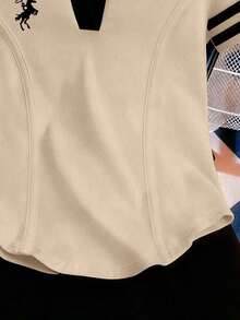 Camiseta de mujer casual de manga corta con cuello polo, estampado de caballero a rayas y contraste de color - Albaricoque - Ver 5