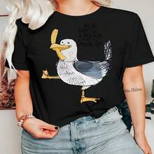 Women's Casual Cotton Round Neck Short Sleeve T-Shirt with Happy Seagull and French Fry Graphic, Fashionable Regular Length Top - Negro - Ver 1