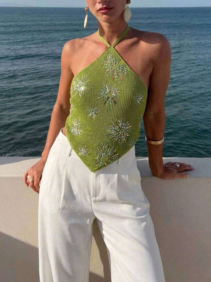 Top halter con espalda descubierta y lentejuelas sexy para mujer, ideal para verano, vacaciones en la playa, estilo bohemio, tropical, conciertos, festivales, country, Ibiza, Nashville, estilo occidental, boho, streetwear, gyaru - Verde 3 - Ver 1