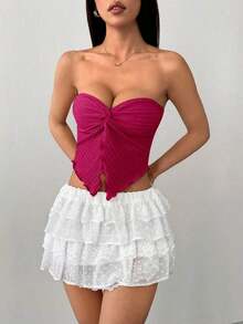 Top tubo de punto de textura amarillo ganso para mujer con abertura anudada en el medio delantero y borde ondulado, ajuste ceñido, para uso en fiestas, vacaciones y otoño/invierno - Rosa Fucsia - Ver 4