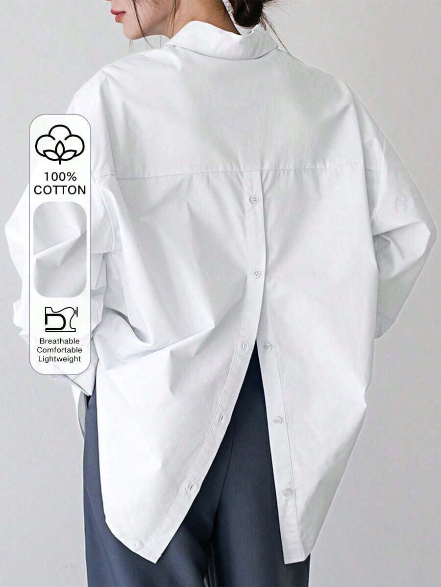-Less Camisa de mujer de manga larga de un solo pecho, de unicolor, de hombros caídos, para uso casual y de negocios - Beis - Ver 1