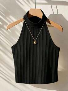 Blusa de unicolor con cuello halter, versátil para uso diario - Negro - Ver 5